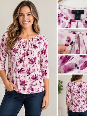 Ann Taylor Floral 3/4 Sleeve Keyhole Blouse Top Small